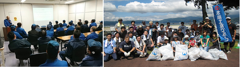 SDGｓ社内研修会㊧と諏訪湖畔で行われた清掃活動（同社提供）