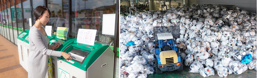 全国約1万店舗のスーパーに設けられた回収BOX㊧と回収されたトレー（同社提供）